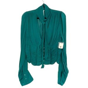 Free People Teal Tie-Neck Ruched Blouse meet me there top